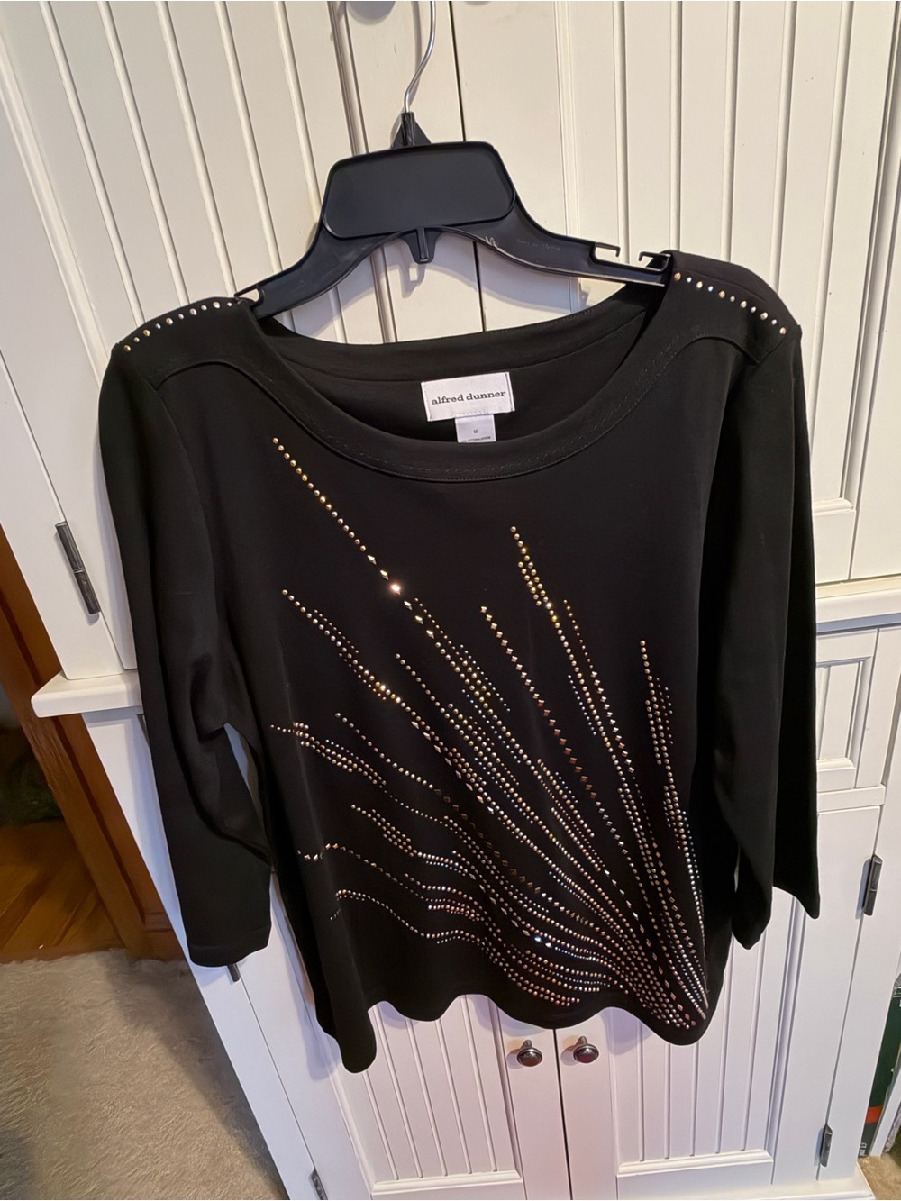 Alfred Dunner Black Long Sleeve Top with Gold Rhinestone Burst